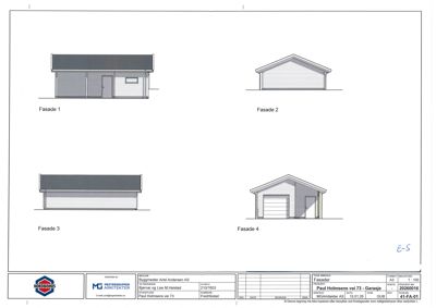 Fasadetegning som viser fire ulike sider (Fasade 1-4) av en garasje.