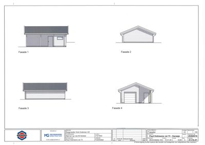 Fasadetegning som viser fire utsnitt av en garasje (Fasade 1-4).