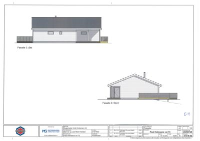 Fasadetegning som viser bygningens utseende fra øst (Fasade 3) og nord (Fasade 4).