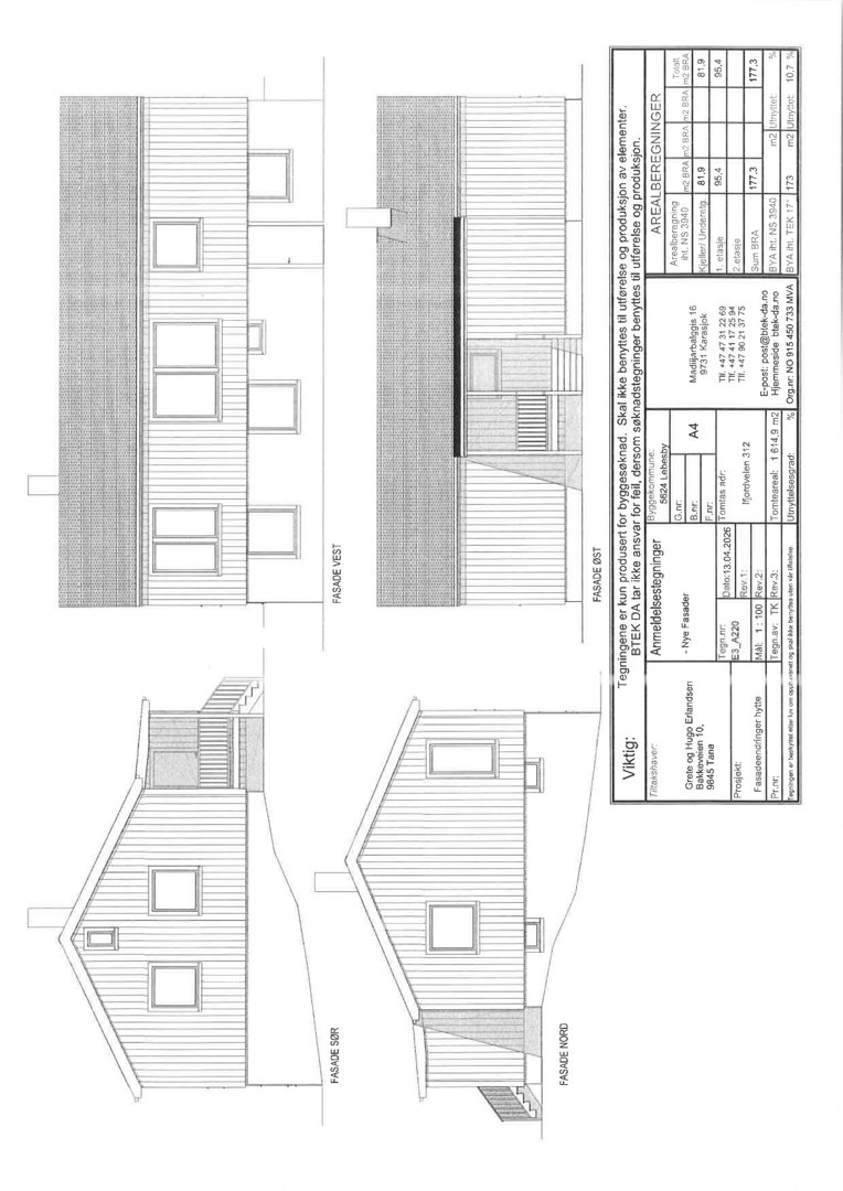 Fasadetegning som viser bygningens utseende fra fire sider (Nord, Sør, Vest, Øst) med tegnet oppriss og en tabell med arealopplysninger.