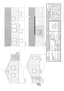 Fasadetegning som viser bygningens utseende fra fire sider (Nord, Sør, Vest, Øst) med tegnet oppriss og en tabell med arealopplysninger.