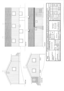Fasadetegning som viser bygningens utseende fra fire sider (Nord, Sør, Vest, Øst) med vinduer, takform og fasadepanel.