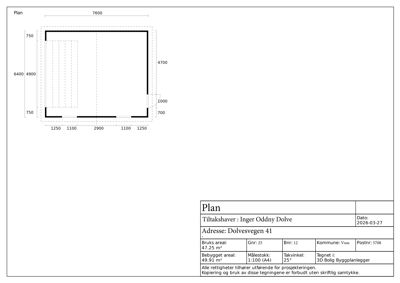 Etasjeplan (plan) som viser romfordeling og dimensjoner for et hus på Dolvesvegen 41.