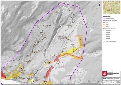 Kart over et kartleggingsområde som viser fareområder for skred og dimensjonerende skredtyper.