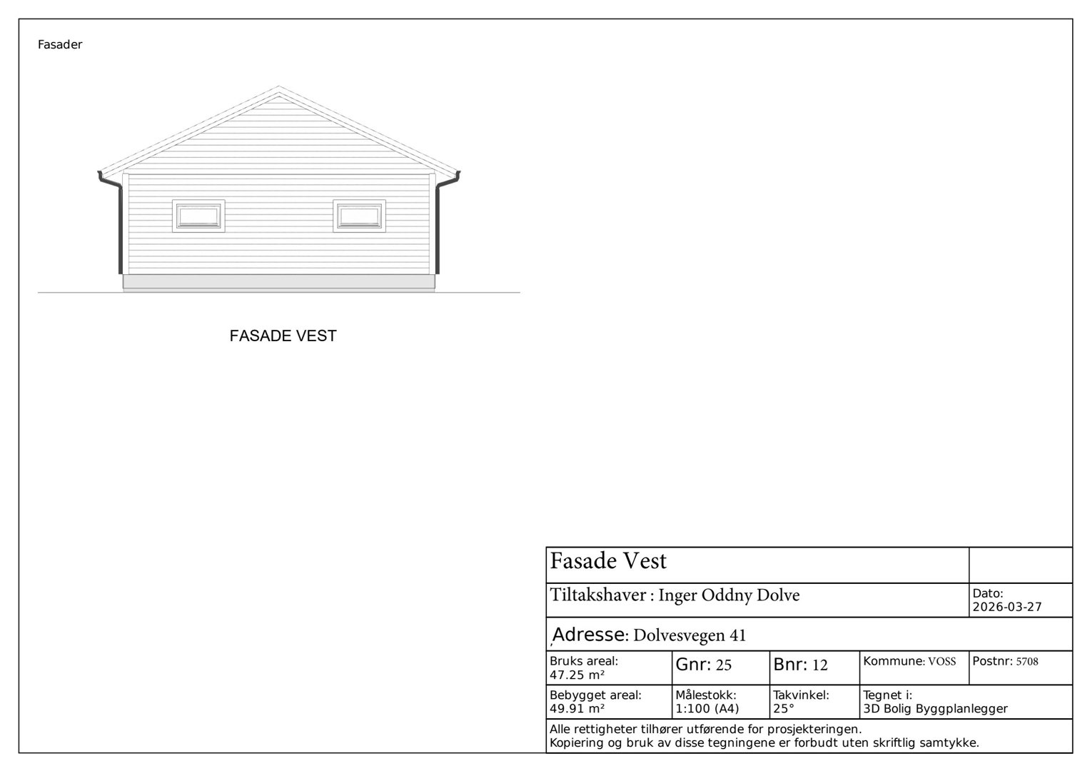 Fasadetegning (opprikk) av bygning sett fra vest.