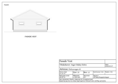 Fasadetegning (opprikk) av bygning sett fra vest.