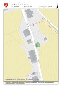 Situasjonsplan for Dolvesvegen 41 som viser tomtegrenser, eksisterende bygninger, topografi og veiforhold.