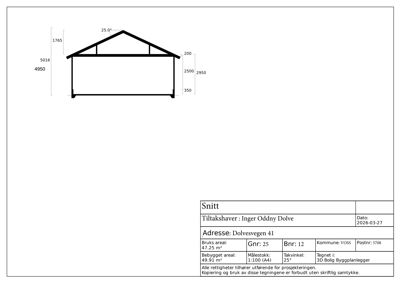 Snittegning som viser tverrsnittet av en bygning med mål på høyder og takvinkel.