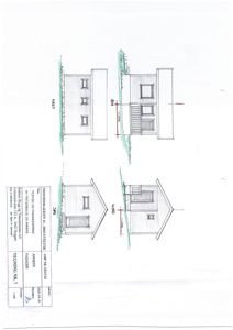 Fasadetegning som viser bygningens utsyn fra fire sider (Nord, Sør, Vest og Øst) med mål og detaljer.