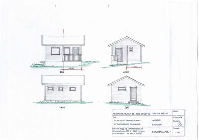 Fasadetegning som viser fire utsynsvinkler av en bygning (vest, nord, øst, sør) med mål og orientering.