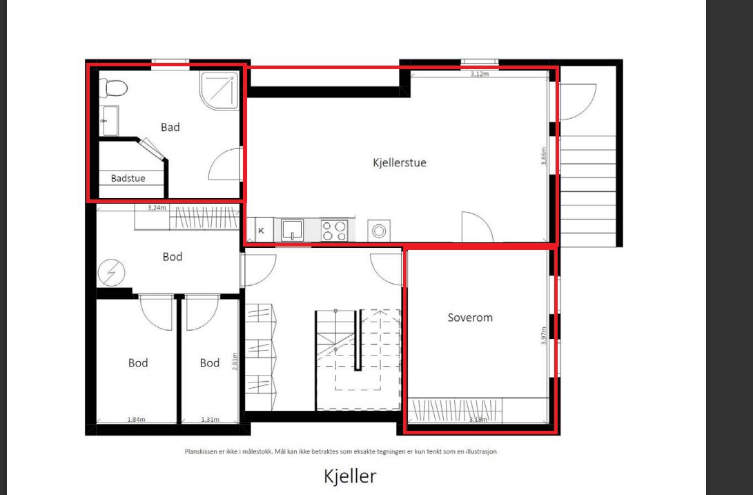 Etasjeplan for kjeller med romfordeling og mål.