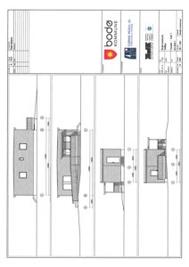 Fasadetegning som viser bygningens utseende fra fire ulike vinkler med mål og detaljer.