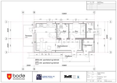 Etasjeplan (plantegning) som viser romfordeling, mål og areal for en bolig.