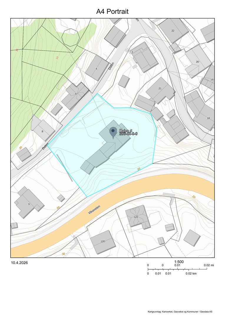 Situasjonsplan som viser tomtens beliggenhet i forhold til nabolag, vei (Vikveien) og elv.