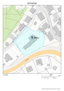 Situasjonsplan som viser tomtens beliggenhet i forhold til nabolag, vei (Vikveien) og elv.