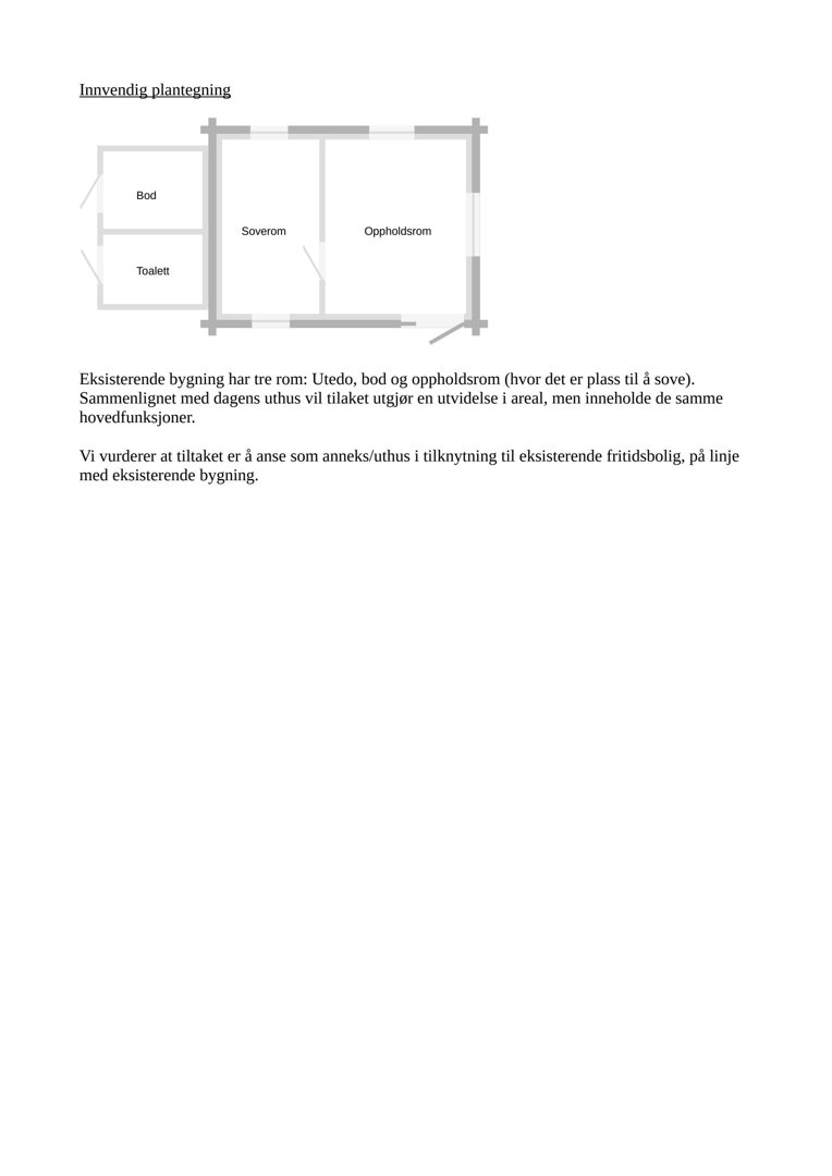 Innvendig plantegning som viser romfordeling (Bod, Toalett, Soverom, Oppholdsrom) i en eksisterende bygning.