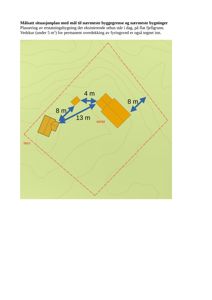 Målsatt situasjonsplan som viser plassering av en ny bygning i forhold til eksisterende bygninger, byggegrenser og terrengforhold.