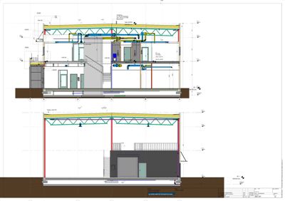 Snittegning som viser bygningens indre oppbygning, konstruksjon og installasjoner i tverrsnitt.