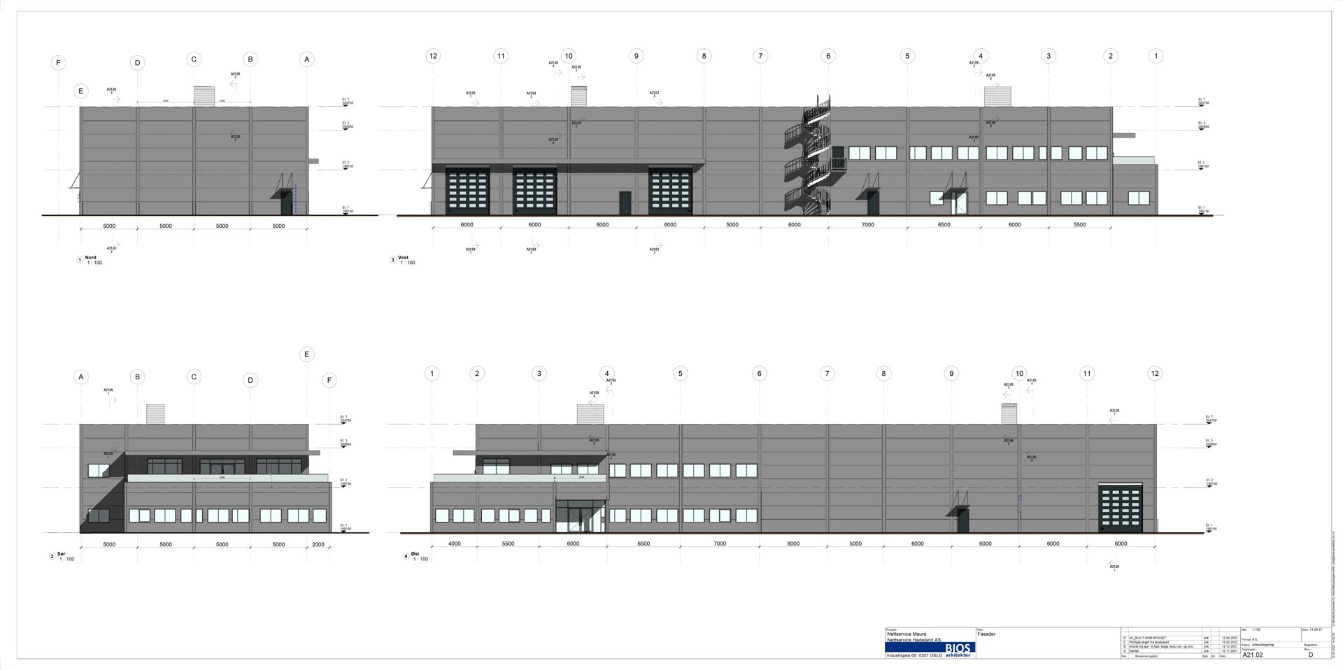 Fasadetegning som viser bygningens ytre utseende fra fire ulike vinkler (front, side, og to andre perspektiver).