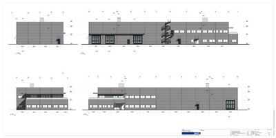 Fasadetegning som viser bygningens ytre utseende fra fire ulike vinkler (front, side, og to andre perspektiver).