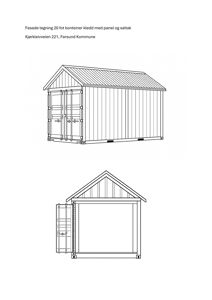 Fasadetegning av en 20 fot container kledd med panel og saltak, vist fra to vinkler.