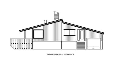 Fasadetegning av en eksisterende bygning sett fra sydøst, som viser takform, vinduer, dører og utvendige vegger.