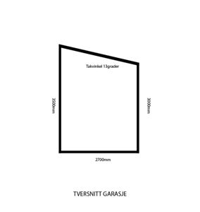 Tverrsnitttegning av en garasje med mål og takvinkel