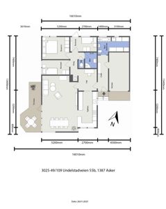 Etasjeplan med romfordeling, mål og orientering for en bolig.