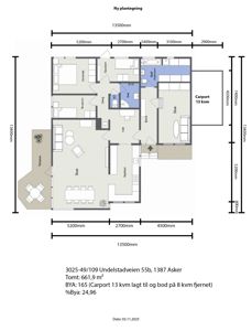 Etasjeplan (plantegning) som viser romfordeling, mål og funksjoner i en bolig.