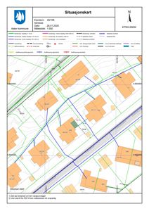Situasjonskart som viser eiendomsnummer, naboeiendommer, vegnett og topografi for et område i Asker kommune.