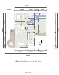 Etasjeplan med romfordeling, mål og orientering for en bolig.