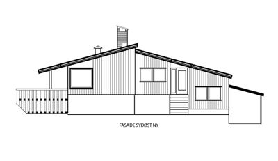 En tegning som viser fasaden på en bygning sett fra sydøst.