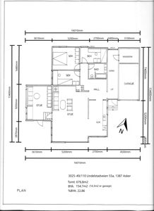Etasjeplan (plantegning) som viser romfordeling, mål og funksjoner i en bolig.