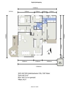 Etasjeplan (plantegning) som viser romfordeling, mål og orientering for en bolig.