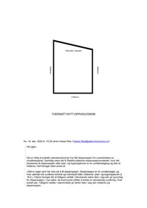 Tegning av et tverrsnitt av et nytt oppholdsrom med mål og takvinkel.