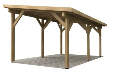 3D-visualisering av en åpen trekonstruksjon, sannsynligvis en carport eller paviljong.