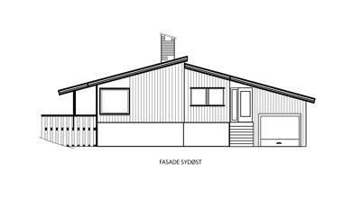 Fasadetegning av en bolig sett fra sydøst, som viser takform, vinduer, dører og garasje.