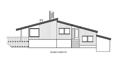 Fasadetegning av en bygning sett fra sydøst, med tekst 'FASADE SYDØST NY' under.