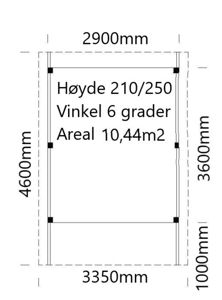 Teknisk tegning med mål og spesifikasjoner for en bygning eller rom.