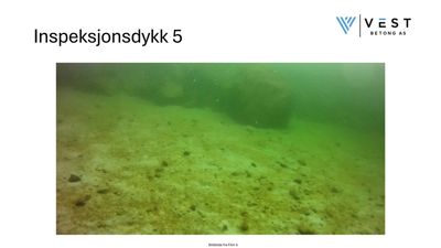 Fotografi fra et inspeksjonsdykk under vann, som viser havbunn eller en vannmasse. Bildet er merket 'Inspeksjonsdykk 5' og har et logo for 'VEST BETONG AS'.