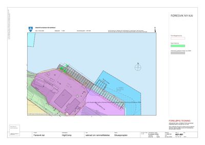 Situasjonsplan som viser tomtens beliggenhet, grenser, eksisterende og planlagt bebyggelse, samt vannområder og infrastruktur.