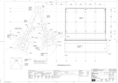 En teknisk detaljtegning som viser fundamentplan for en betongkonstruksjon (KAI 1 & 5), med spesifikke dimensjoner, armering og betongtykkelse.