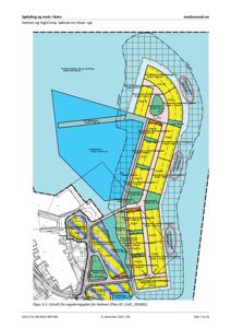 Situasjonsplan som viser en sjøfylling med inndeling i felt (Felt A-F) og angivelse av arealer og bruksformål.