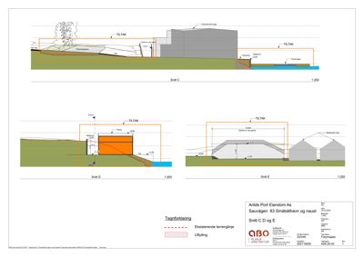 Snittegning (Snitt C, D og E) som viser bygningens tverrsnitt, høyder, terrengforhold og utforming.