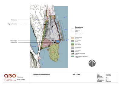Situasjonsplan som viser tomtens beliggenhet, topografi, eksisterende og nye bygninger, samt arealbruk (f.eks. parkeringsareal, beplantning).