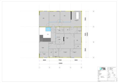 Etasjeplan som viser romfordeling, dører og dimensjoner for et hus.