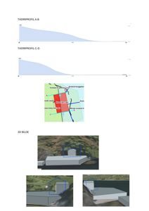 Bildet viser en samling av 3D-modeller og situasjonsplaner for et byggeprosjekt. Det inkluderer to tverrprofiler (A-B og C-D) som viser terrengform, en situasjonsplan med angitte avstander og retninger, samt tre 3D-bilder som viser bygningens plassering i forhold til omgivelsene.