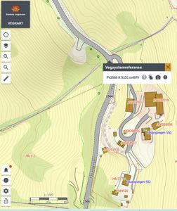 Vegkart fra Statens vegvesen som viser Fåvangvegen, høydemålerlinjer, vegnummer og eiendomsnummer.