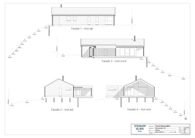 Fasadetegning som viser bygningens utseende fra fire ulike sider (sør, nord, øst og vest) med høydemål og grenselinjer.