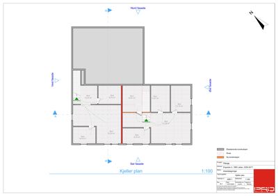 Etasjeplan (kjellerplan) som viser romfordeling, vegger og arealer.